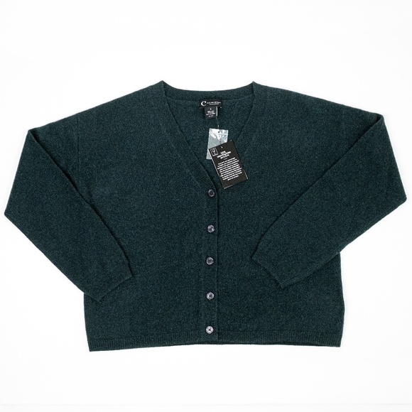 NWT C by Bloomingdale's 2-ply Cashmere V Neck Cardigan Green $178 - Size S (4-6) - Picture 2 of 7